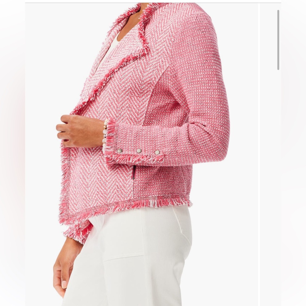 NWOT $198 NIC+ZOE Pink Tweed Fringe Knit Open Front Jacket. Size Small Petite - Picture 3 of 11